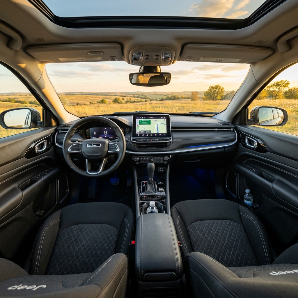 Driver's seat view inside a modern black Jeep SUV looking out through the windshield at a golden field during sunset. (Representative image for illustration purposes only. Actual vehicle may vary based on trim and configuration.)