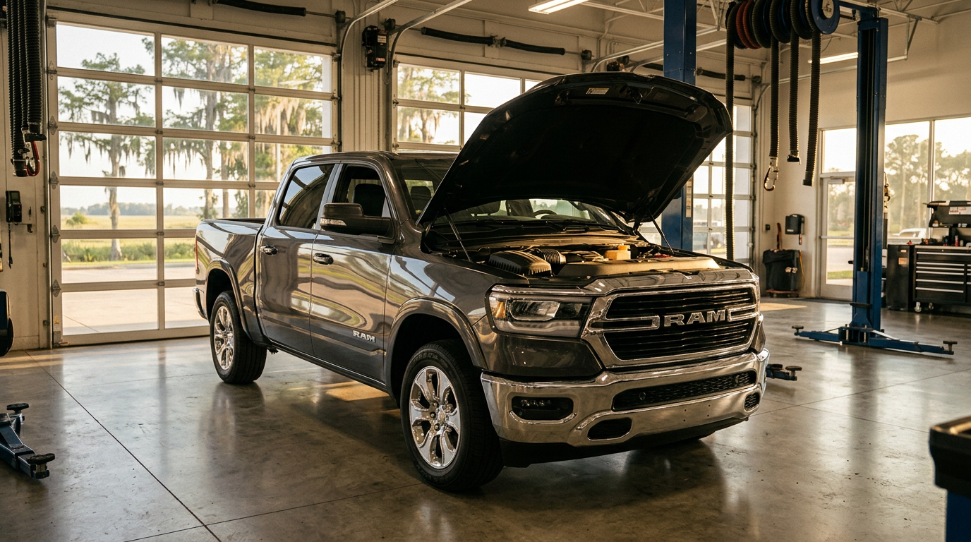 A grey Ram pickup truck parked inside an auto repair shop bay with its hood open for maintenance. (Representative image for illustration purposes only. Actual vehicle may vary based on trim and configuration.)