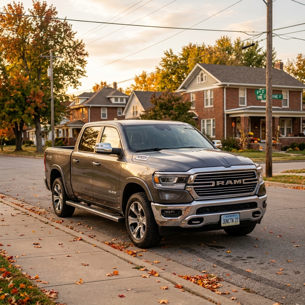 Dark grey RAM 1500 pickup truck parked on a residential street lined with autumn leaves. (Representative image for illustration purposes only. Actual vehicle may vary based on trim and configuration.)