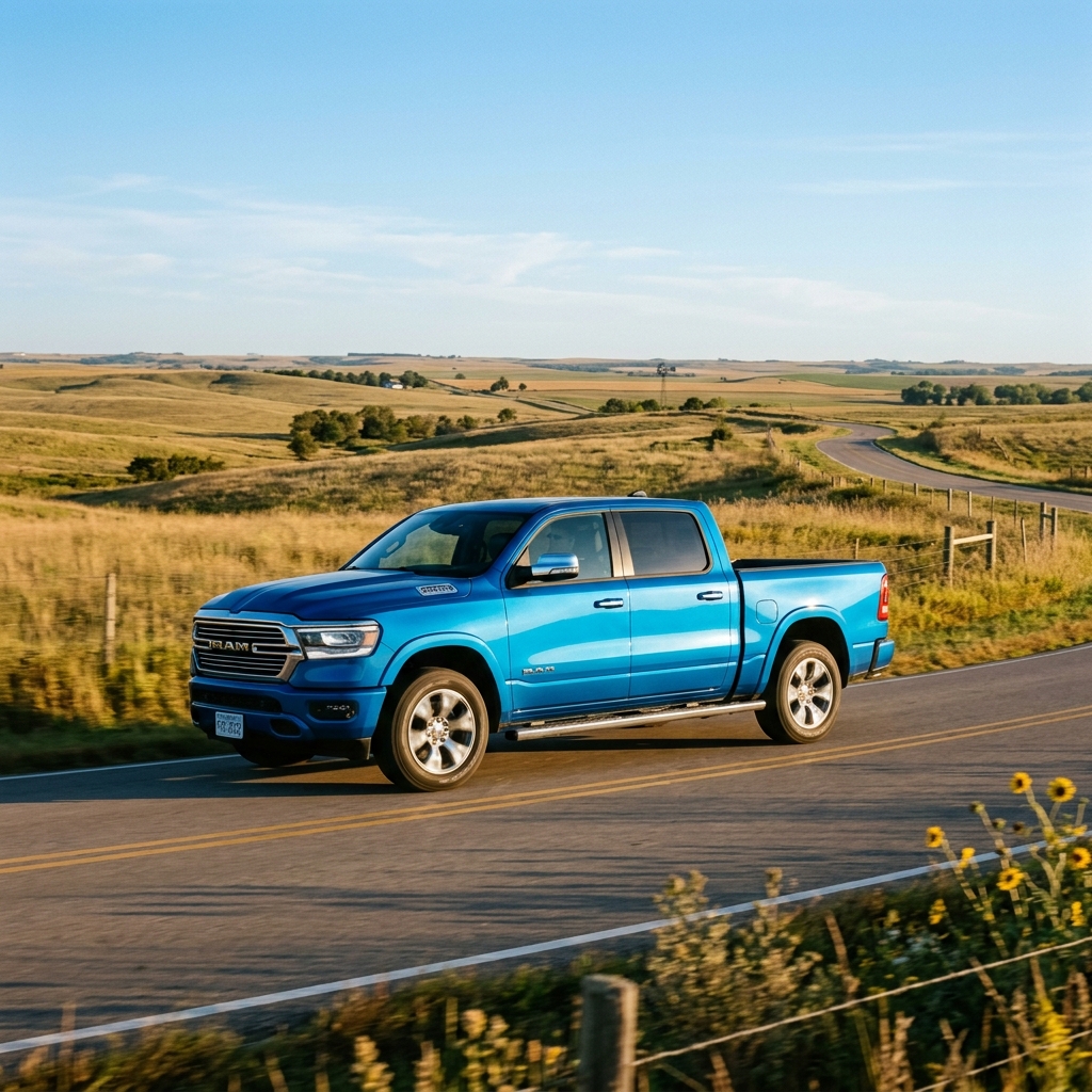 Electric blue Ram pickup truck driving along a scenic country road through rolling hills. (Representative image for illustration purposes only. Actual vehicle may vary based on trim and configuration.)