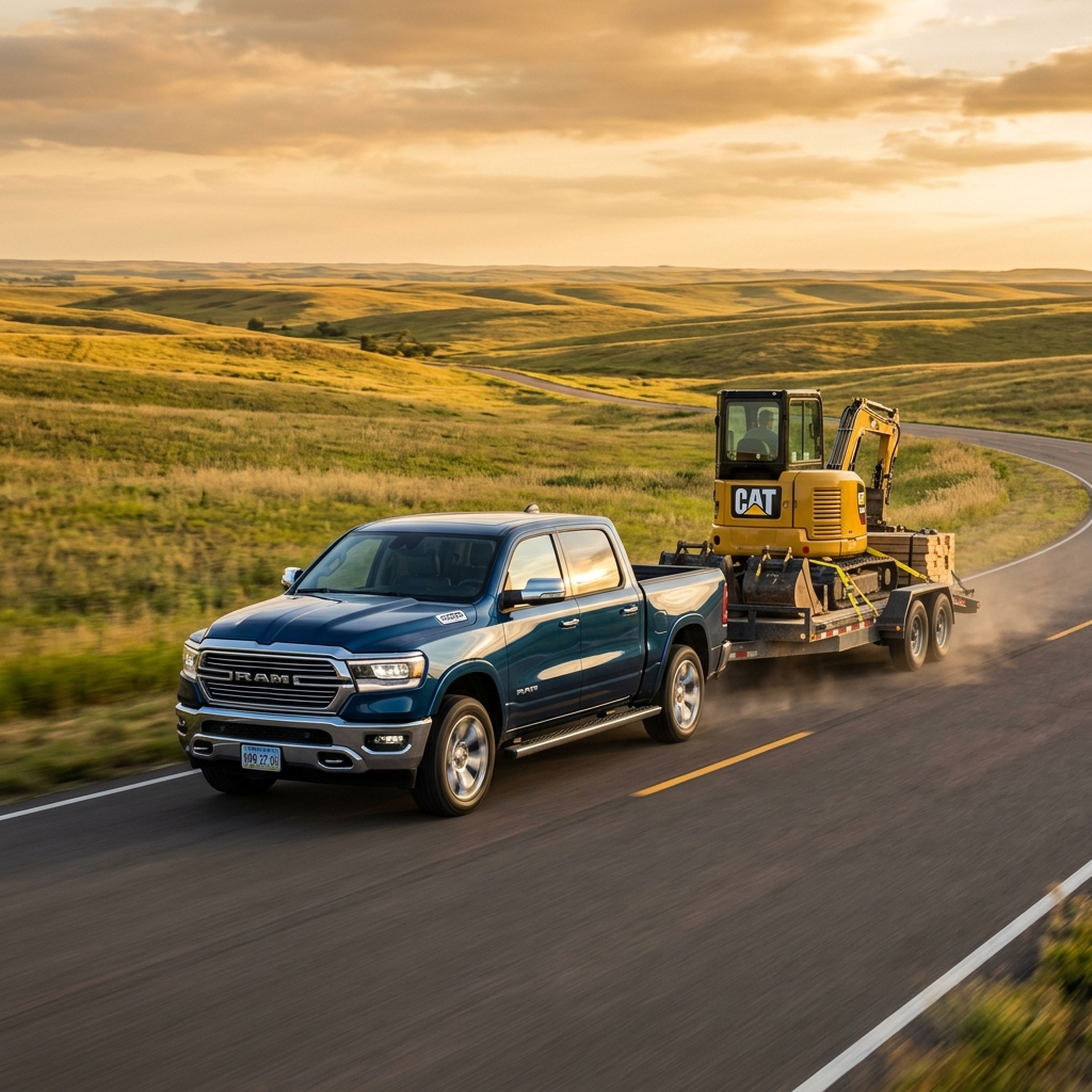 A blue RAM pickup truck towing a trailer with a yellow CAT mini excavator along a winding rural road at sunset. (Representative image for illustration purposes only. Actual vehicle may vary based on trim and configuration.)