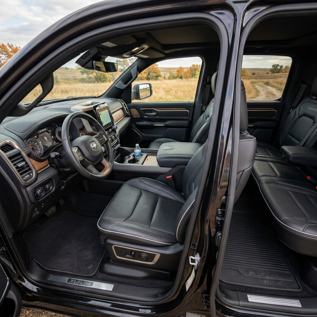 Black leather interior of a Ram pickup truck with open doors showing front and rear seats and wooden trim. (Representative image for illustration purposes only. Actual vehicle may vary based on trim and configuration.)