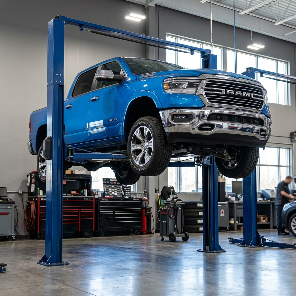 A blue RAM pickup truck elevated on a blue hydraulic two-post lift inside a professional auto repair shop. (Representative image for illustration purposes only. Actual vehicle may vary based on trim and configuration.)