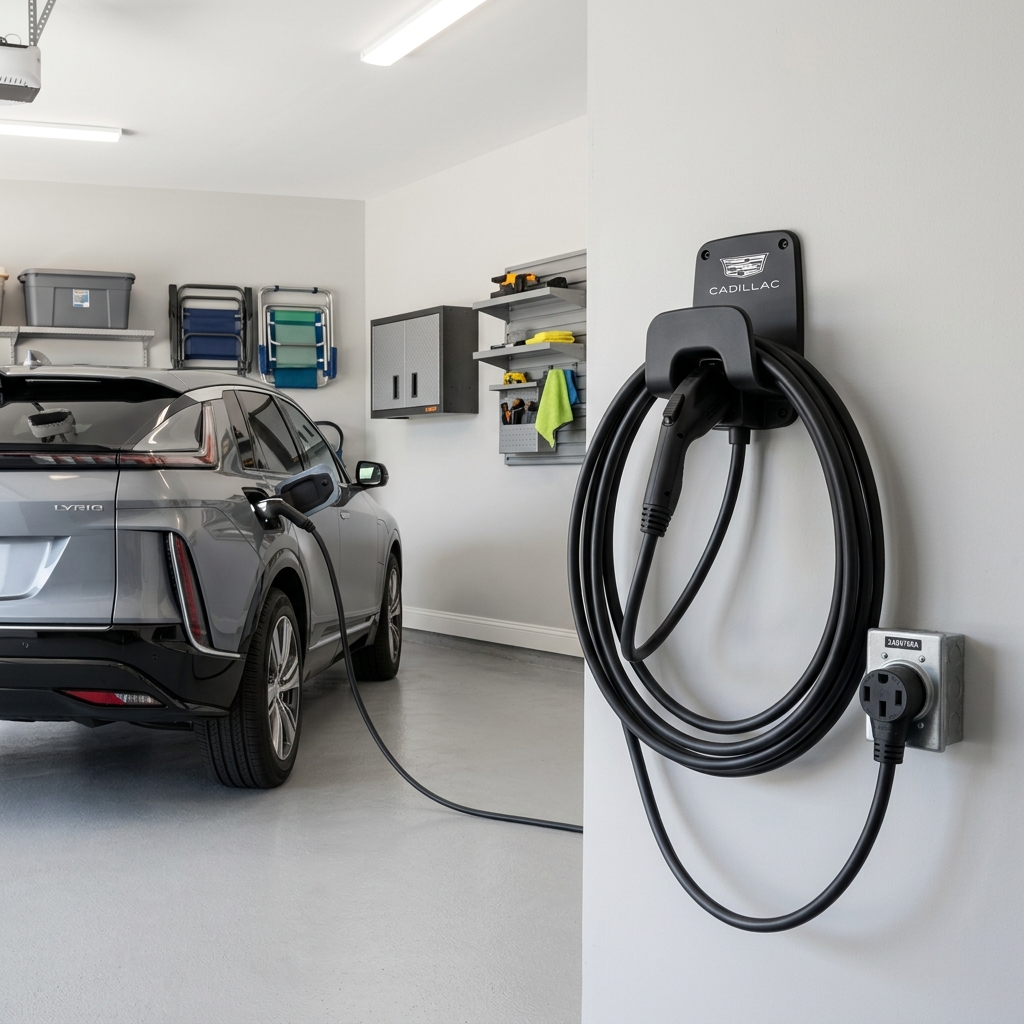 A silver Cadillac LYRIQ electric SUV charging in a home garage with a wall-mounted Cadillac charger. (Representative image for illustration purposes only. Actual vehicle may vary based on trim and configuration.)