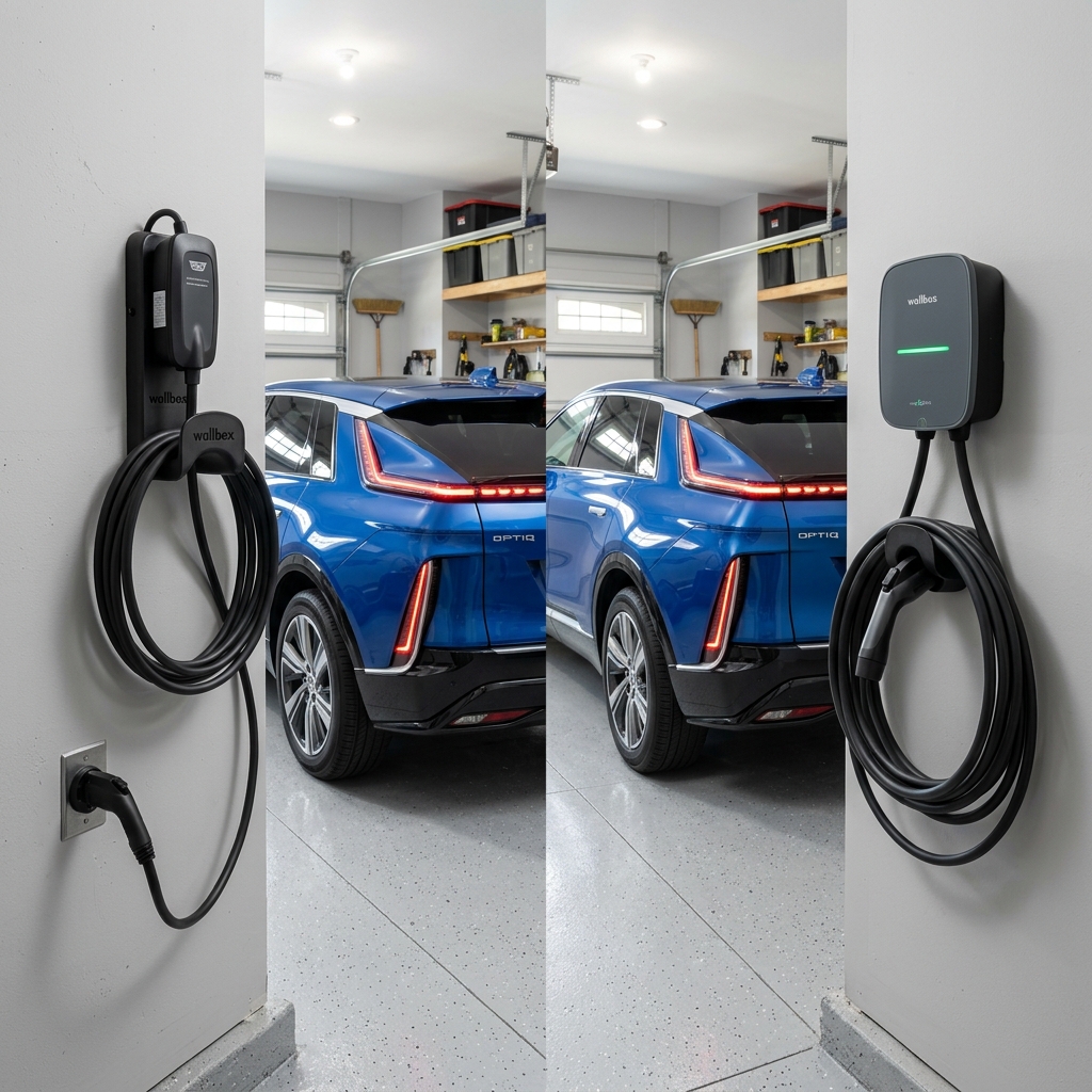 Two Wallbox EV chargers mounted on garage walls with a blue Cadillac Optiq SUV parked in the background. (Representative image for illustration purposes only. Actual vehicle may vary based on trim and configuration.)