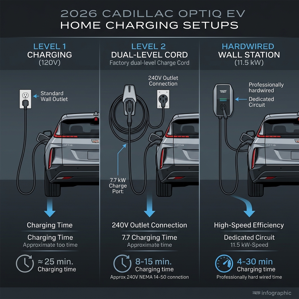 Infographic illustrating Level 1, Level 2, and hardwired wall station home charging options for the Cadillac Optiq EV. (Representative image for illustration purposes only. Actual vehicle may vary based on trim and configuration.)