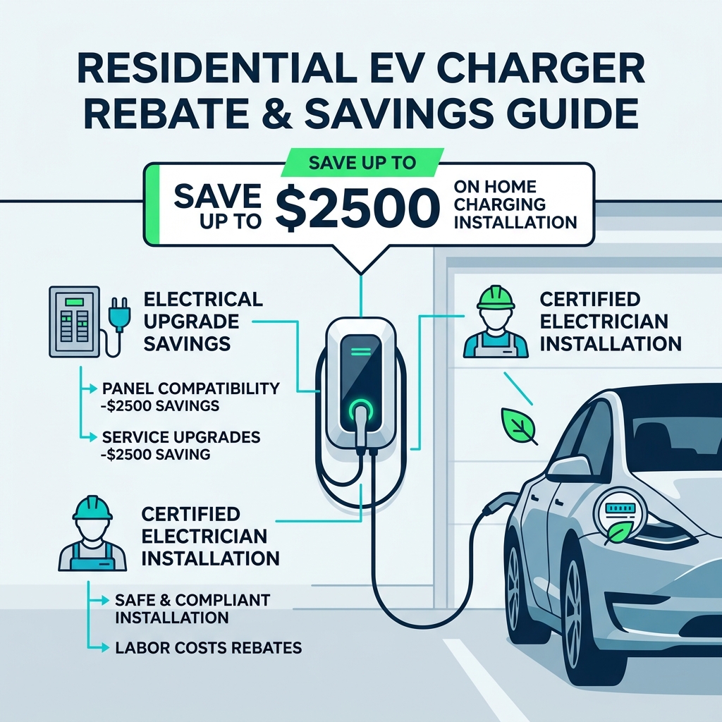 Infographic detailing savings up to $2500 on residential EV charger installation and electrical upgrades. (Representative image for illustration purposes only. Actual vehicle may vary based on trim and configuration.)