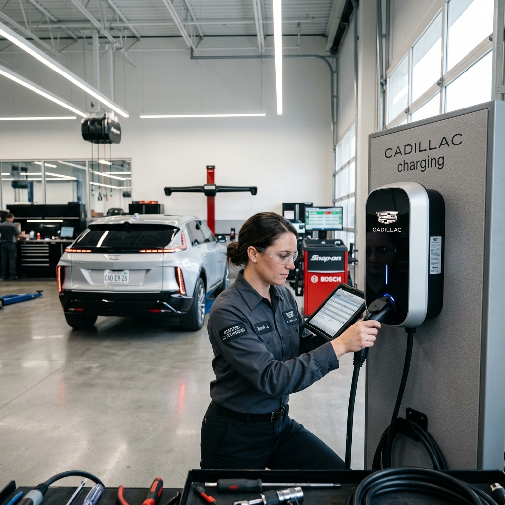 Female technician holding an EV charging handle and diagnostic tablet in a modern Cadillac service bay. (Representative image for illustration purposes only. Actual vehicle may vary based on trim and configuration.)