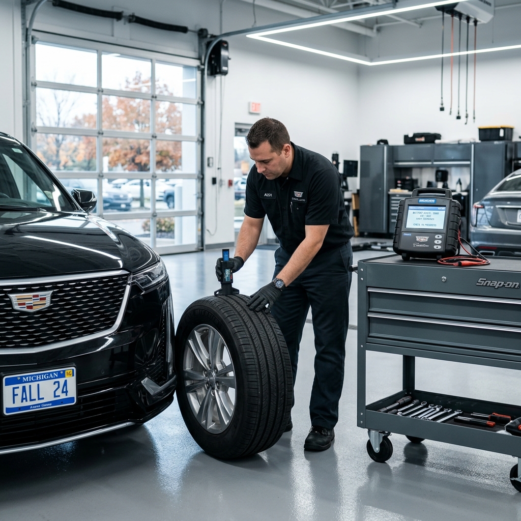 Mechanic using a digital tread depth gauge to inspect a tire next to a black Cadillac SUV in a service bay. (Representative image for illustration purposes only. Actual vehicle may vary based on trim and configuration.)