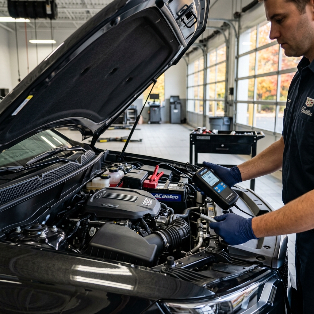 Mechanic wearing blue gloves using a diagnostic tester on a Cadillac car engine under an open hood. (Representative image for illustration purposes only. Actual vehicle may vary based on trim and configuration.)