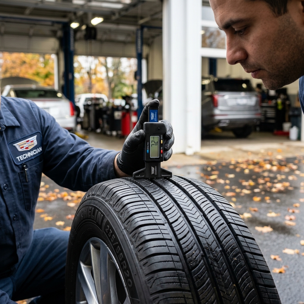 Automotive technician measuring the tread depth of a car tire with a digital gauge. (Representative image for illustration purposes only. Actual vehicle may vary based on trim and configuration.)