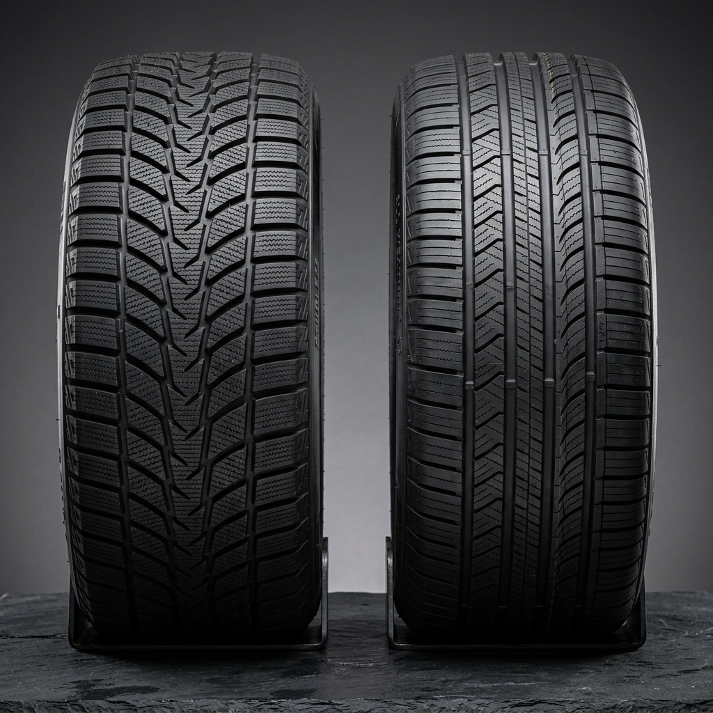 Side-by-side comparison of a directional winter tire tread next to an all-season tire tread on display stands. (Representative image for illustration purposes only. Actual vehicle may vary based on trim and configuration.)