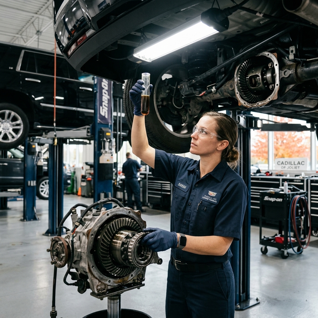 Female mechanic in safety glasses holding up a test tube of fluid while inspecting a vehicle differential. (Representative image for illustration purposes only. Actual vehicle may vary based on trim and configuration.)