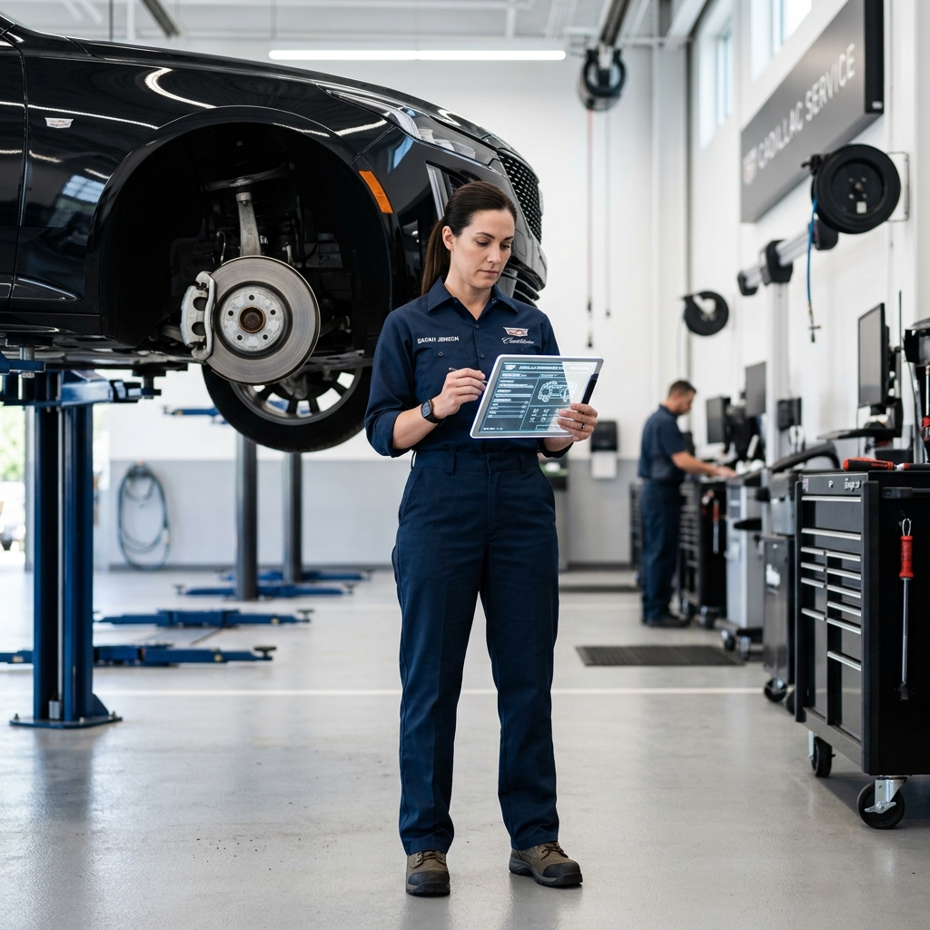 Female mechanic holding a digital tablet in a service bay with a black car elevated on a hydraulic lift. (Representative image for illustration purposes only. Actual vehicle may vary based on trim and configuration.)