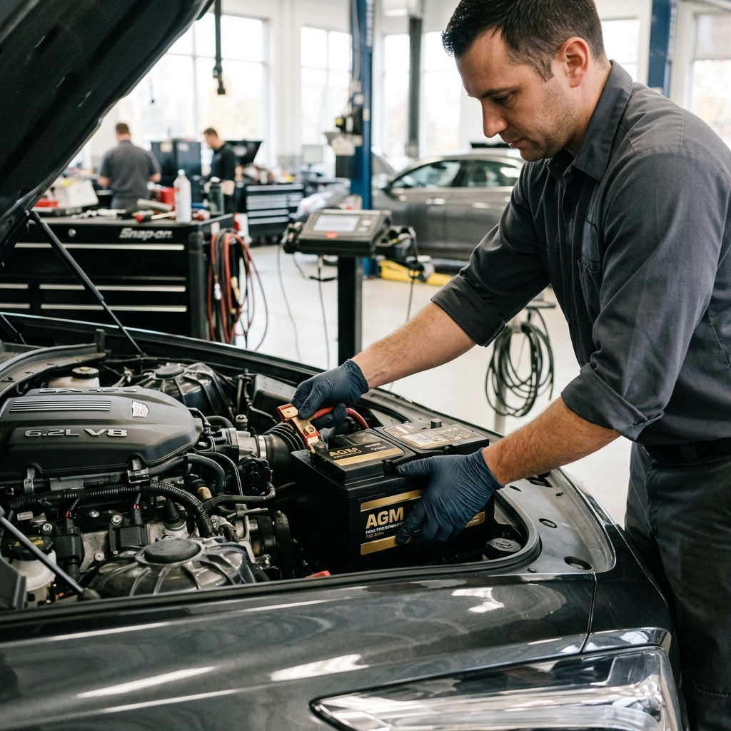 Mechanic wearing blue gloves installing an AGM battery inside the open engine bay of a car. (Representative image for illustration purposes only. Actual vehicle may vary based on trim and configuration.)
