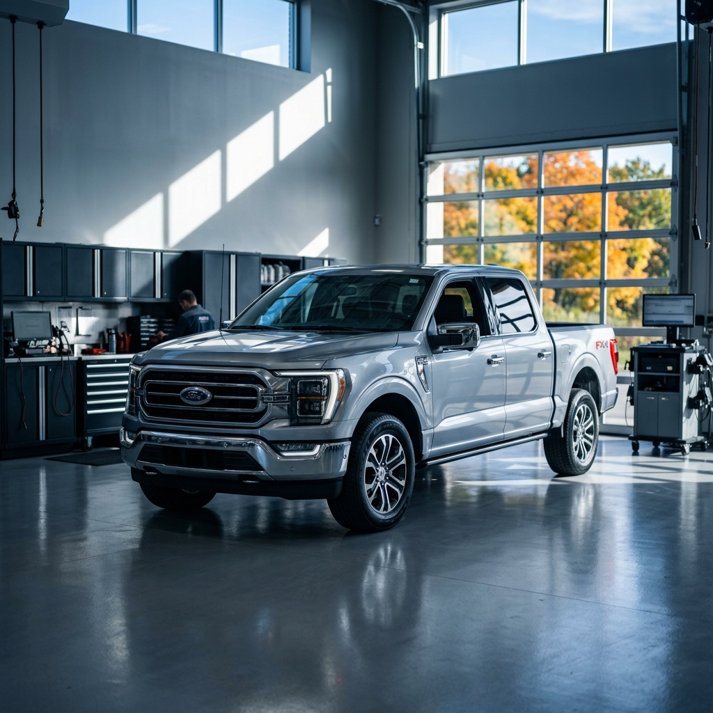 A silver Ford F-150 pickup truck parked inside a bright, modern auto repair shop garage bay. (Representative image for illustration purposes only. Actual vehicle may vary based on trim and configuration.)