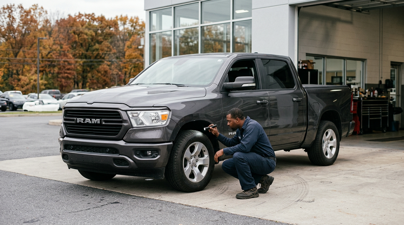 Mechanic inspecting the front tire and wheel well of a gray RAM pickup truck with a flashlight. (Representative image for illustration purposes only. Actual vehicle may vary based on trim and configuration.)