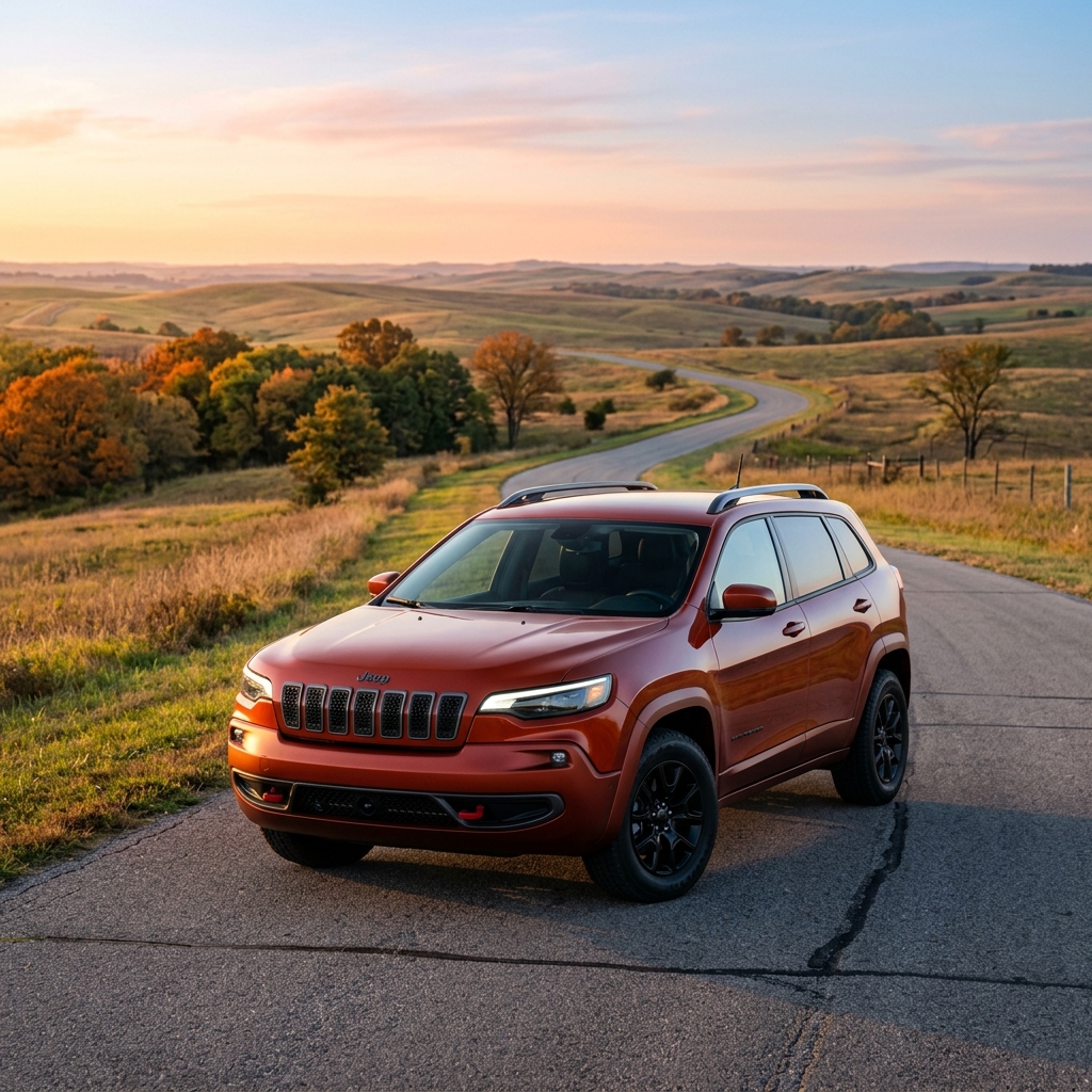 A metallic orange Jeep SUV parked on a paved road winding through autumn rolling hills at sunset. (Representative image for illustration purposes only. Actual vehicle may vary based on trim and configuration.)