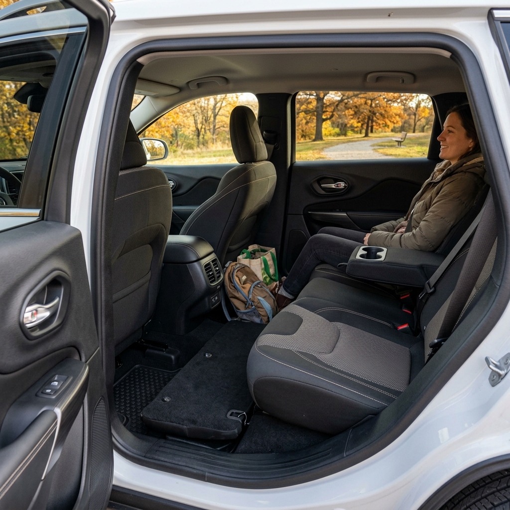 Woman sitting in the back seat of a white SUV with the adjacent rear seat folded flat for extra cargo storage. (Representative image for illustration purposes only. Actual vehicle may vary based on trim and configuration.)