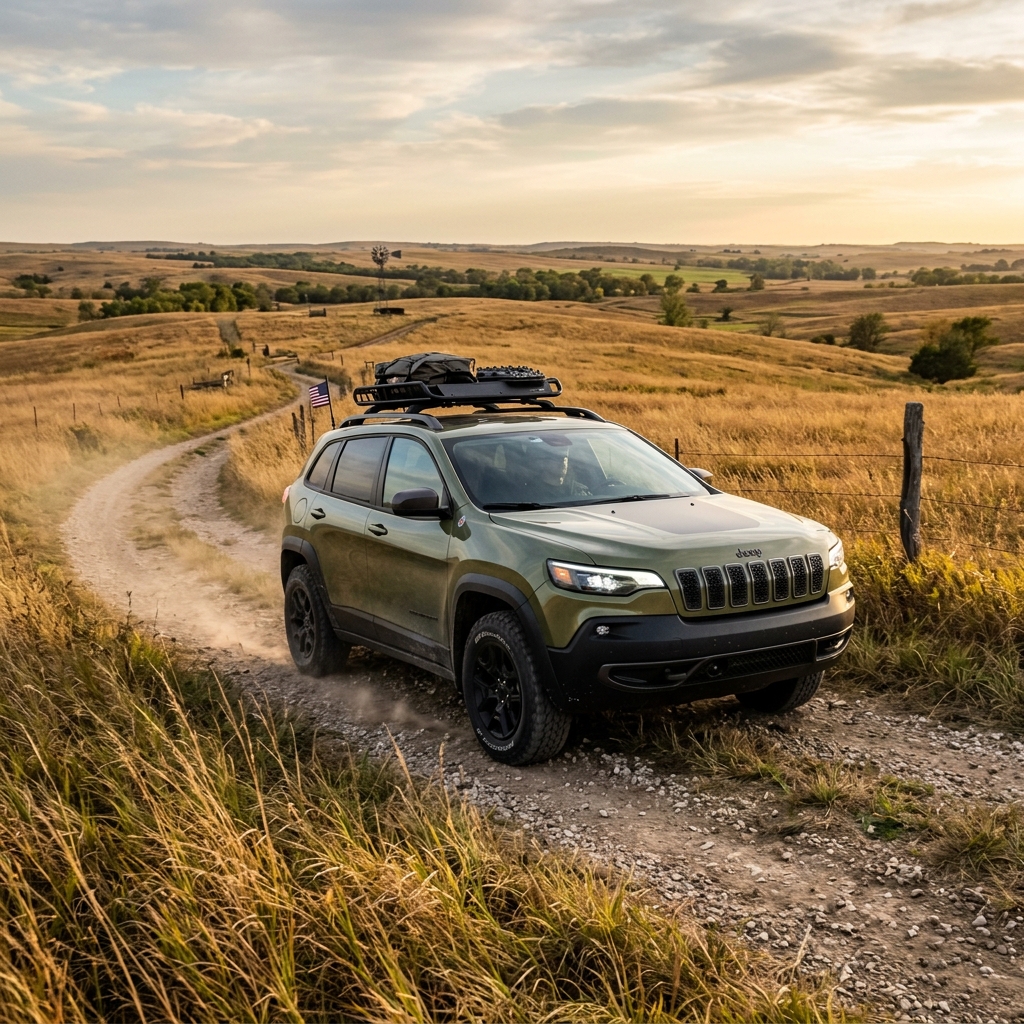 An olive green Jeep Cherokee equipped with a roof rack drives down a dusty dirt road through rolling prairie hills. (Representative image for illustration purposes only. Actual vehicle may vary based on trim and configuration.)