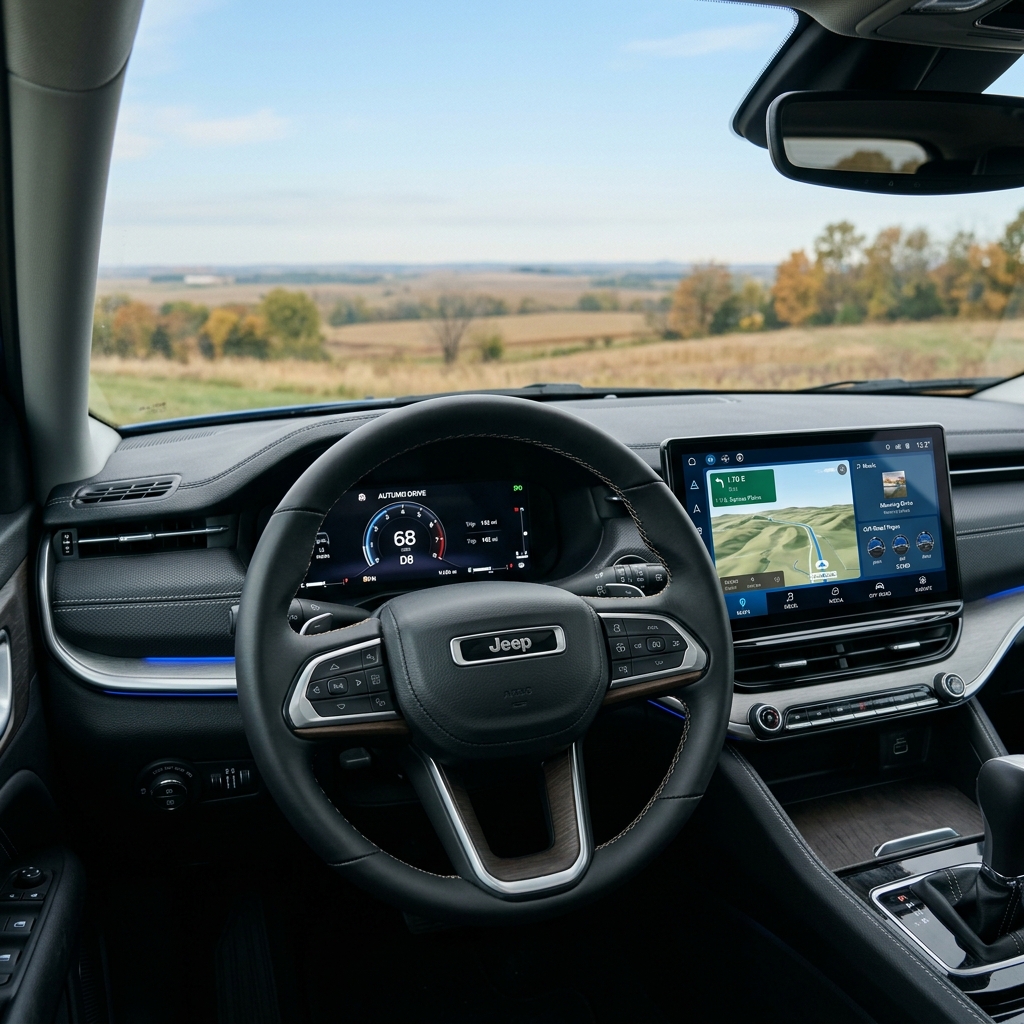 Dashboard interior of a modern Jeep vehicle featuring digital displays and a scenic view of countryside fields. (Representative image for illustration purposes only. Actual vehicle may vary based on trim and configuration.)
