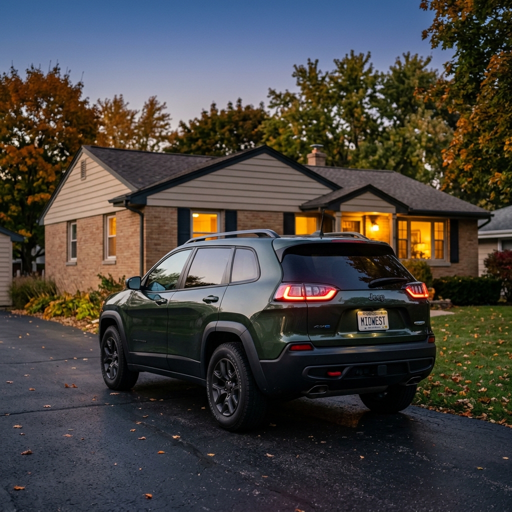 Dark green Jeep SUV with tail lights lit, parked in a driveway in front of a suburban home at dusk. (Representative image for illustration purposes only. Actual vehicle may vary based on trim and configuration.)