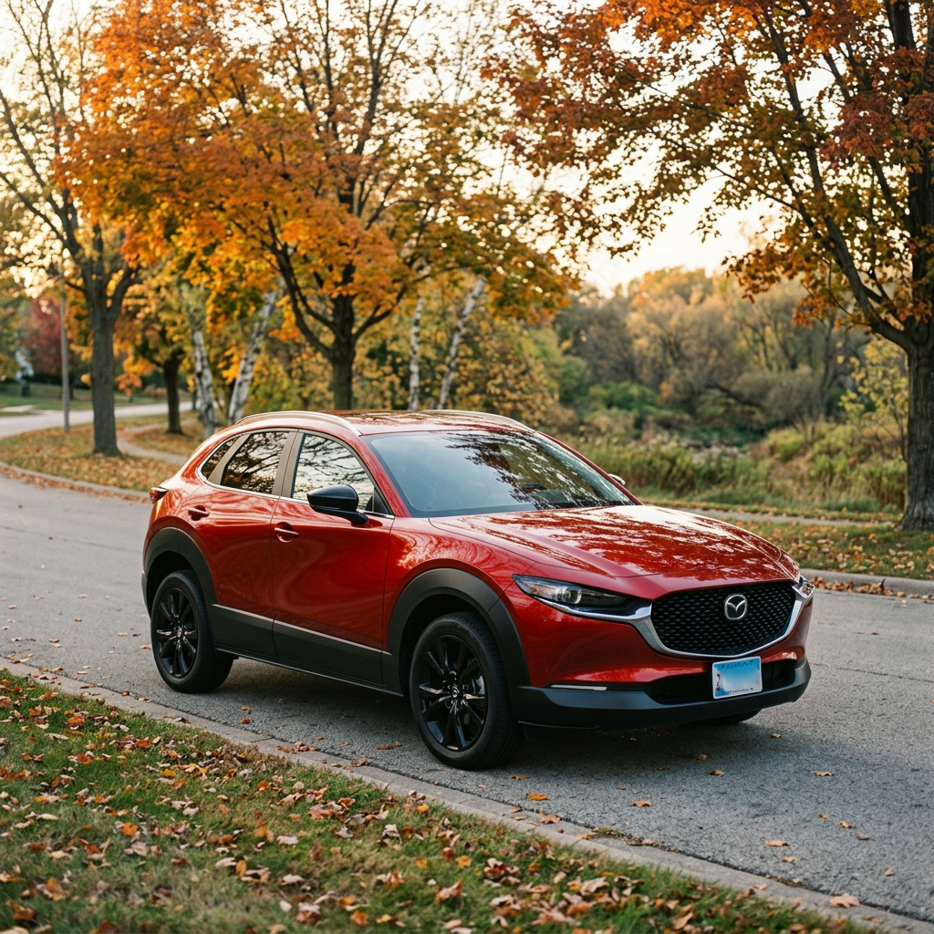 Red Mazda CX-30 crossover parked on a paved road surrounded by colorful fall foliage trees and fallen leaves. (Representative image for illustration purposes only. Actual vehicle may vary based on trim and configuration.)