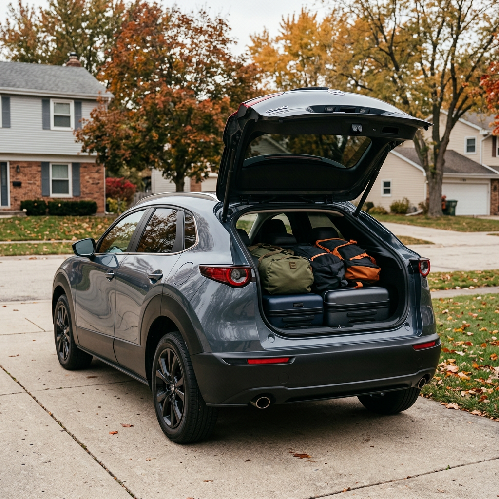 Open trunk of a grey SUV parked in a suburban driveway, filled with suitcases and backpacks during autumn. (Representative image for illustration purposes only. Actual vehicle may vary based on trim and configuration.)