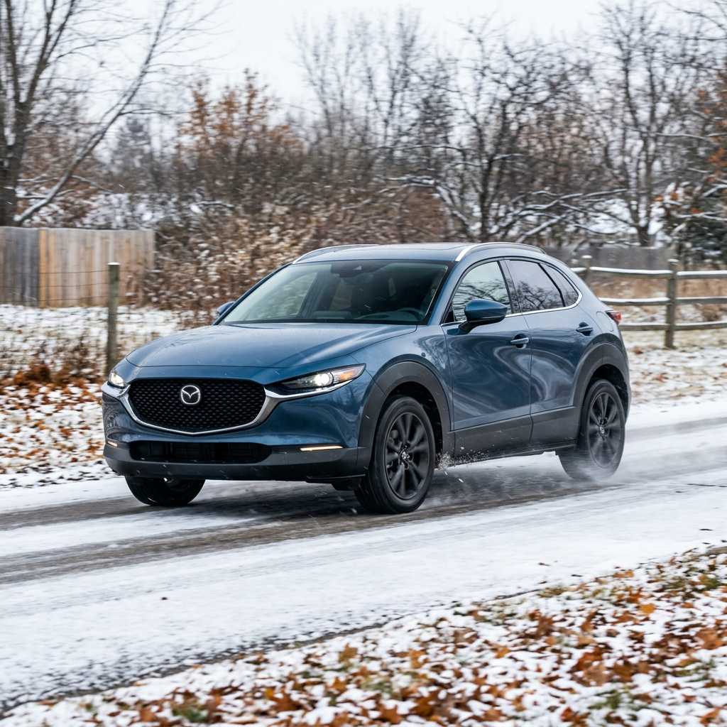 A metallic blue Mazda CX-30 crossover driving along a slushy, snow-covered rural road in winter. (Representative image for illustration purposes only. Actual vehicle may vary based on trim and configuration.)
