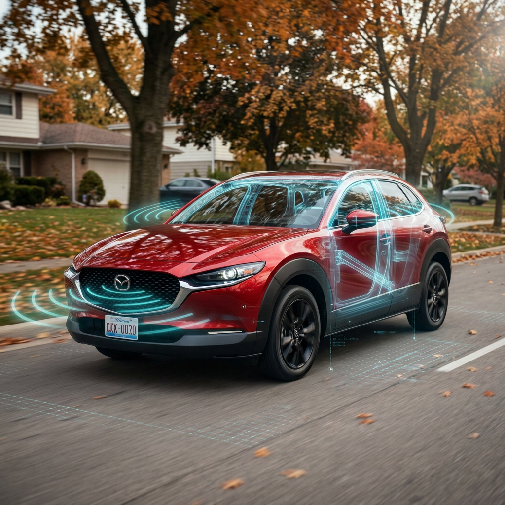 Red Mazda SUV driving down a suburban street with blue holographic radar and sensor technology graphics overlaid. (Representative image for illustration purposes only. Actual vehicle may vary based on trim and configuration.)