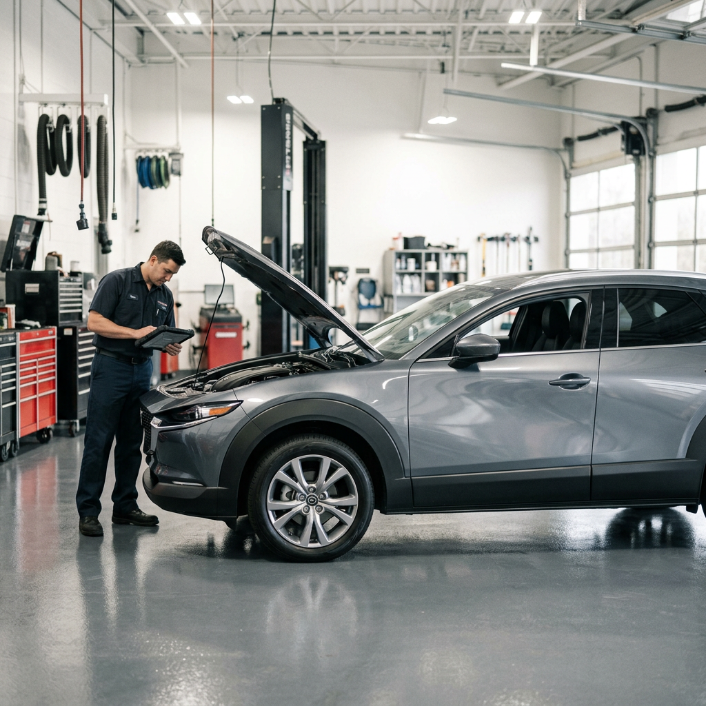 Mechanic holding a digital diagnostic tablet while inspecting an open engine bay of a grey SUV in a repair shop. (Representative image for illustration purposes only. Actual vehicle may vary based on trim and configuration.)