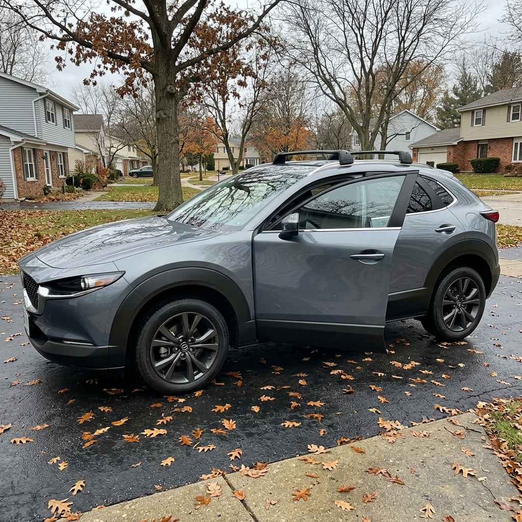 Gray Mazda CX-30 SUV with its driver-side door open, parked on a leaf-strewn residential driveway in autumn. (Representative image for illustration purposes only. Actual vehicle may vary based on trim and configuration.)