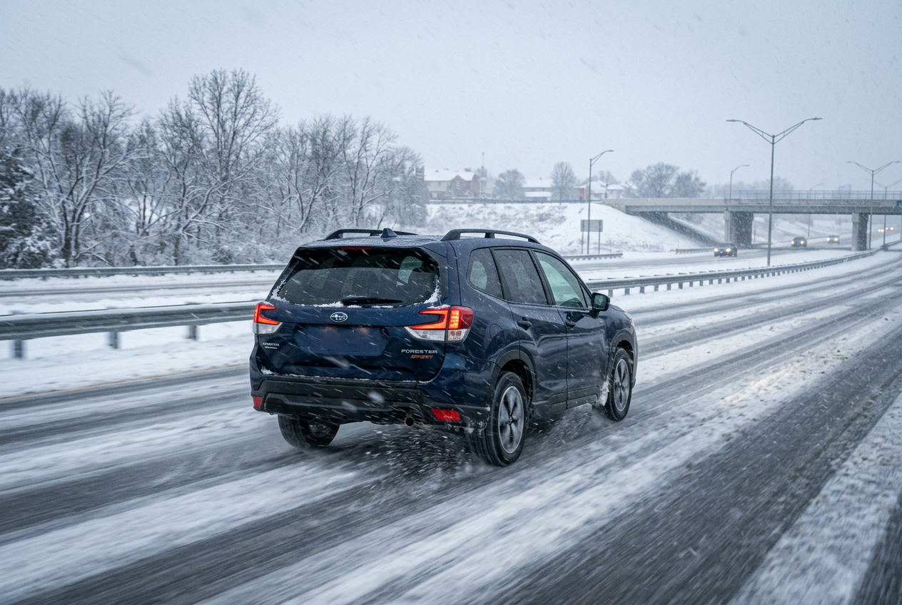 A blue Subaru Forester driving along a snow-covered highway during a winter snowstorm. (Representative image for illustration purposes only. Actual vehicle may vary based on trim and configuration.)