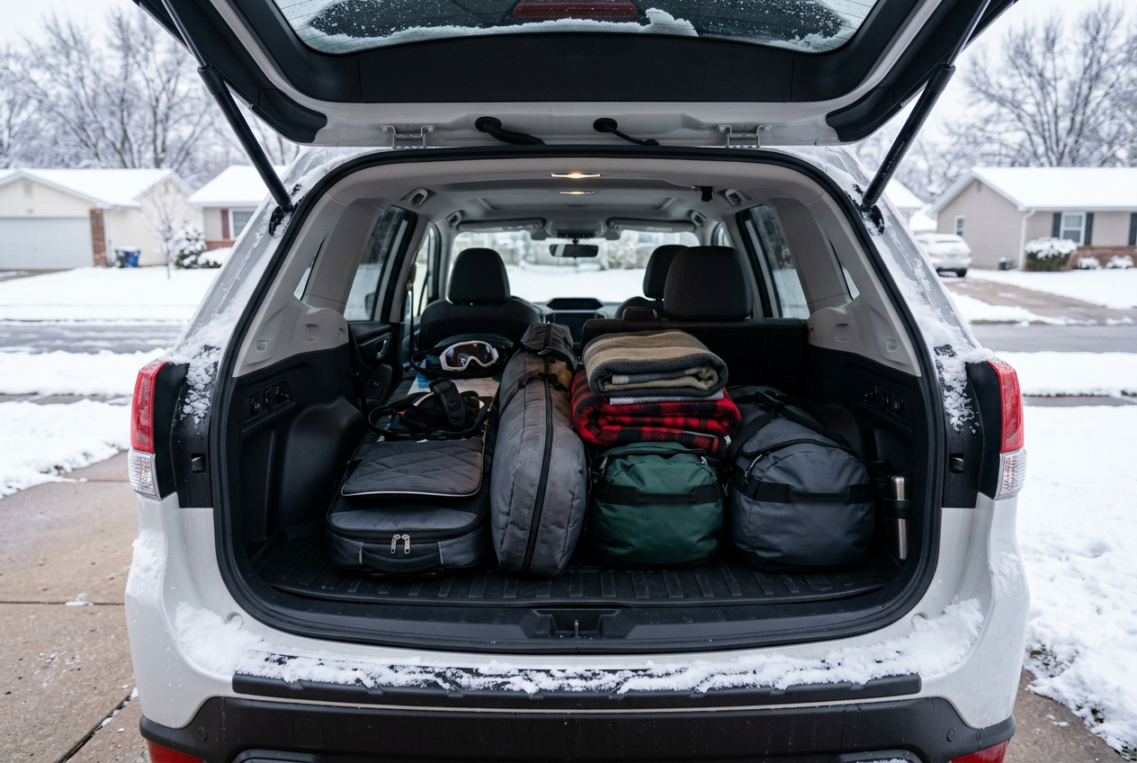 Packed trunk of a white SUV with winter gear, blankets, and duffel bags in a snowy neighborhood. (Representative image for illustration purposes only. Actual vehicle may vary based on trim and configuration.)