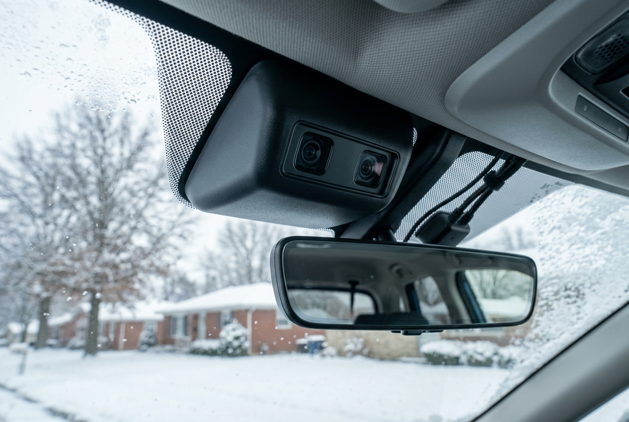 Dual-lens camera module mounted above a car rear-view mirror looking out at a snowy suburban street. (Representative image for illustration purposes only. Actual vehicle may vary based on trim and configuration.)