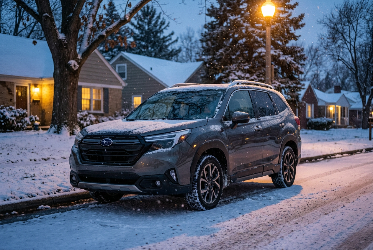 Gray Subaru SUV parked along a snow-covered suburban street during a light evening snowfall. (Representative image for illustration purposes only. Actual vehicle may vary based on trim and configuration.)