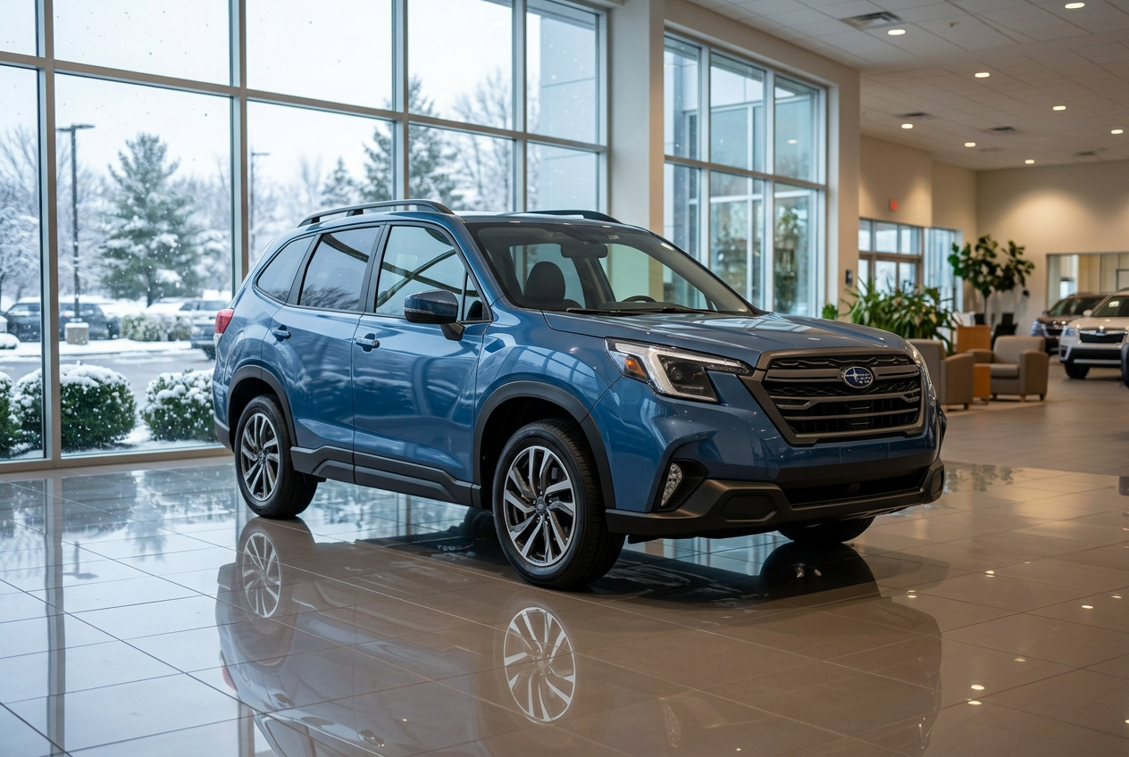Blue Subaru Forester SUV parked on a reflective tile floor inside a car dealership showroom during winter. (Representative image for illustration purposes only. Actual vehicle may vary based on trim and configuration.)