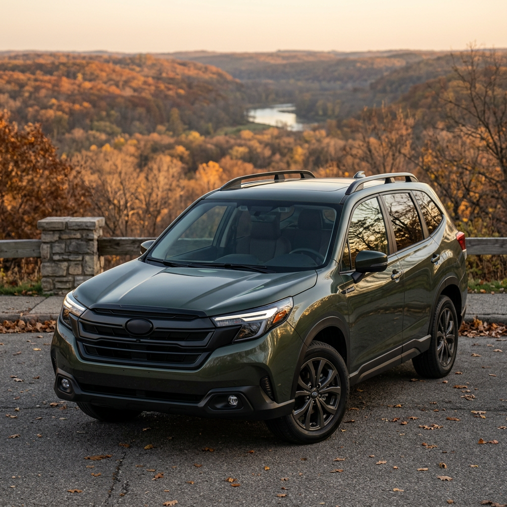 Dark olive green SUV parked on an asphalt scenic overlook against a backdrop of autumn hills and a river. (Representative image for illustration purposes only. Actual vehicle may vary based on trim and configuration.)