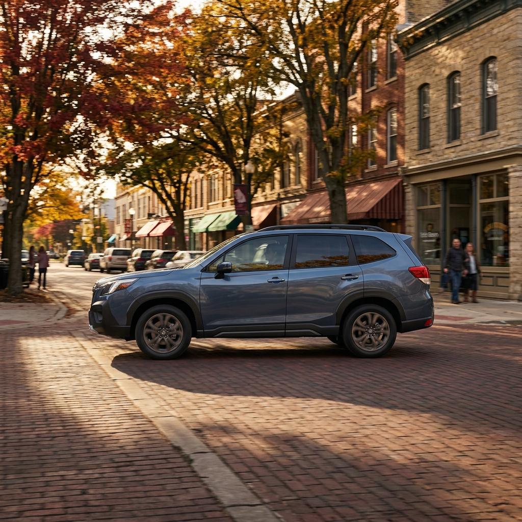 A blue SUV driving down a historic brick street framed by colorful autumn trees and shopfronts. (Representative image for illustration purposes only. Actual vehicle may vary based on trim and configuration.)