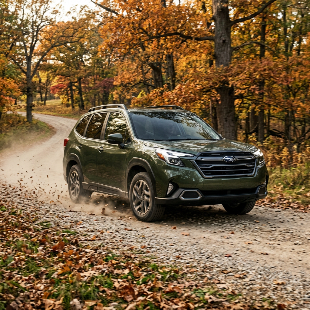 Green Subaru Forester driving along a gravel road surrounded by autumn trees with falling leaves. (Representative image for illustration purposes only. Actual vehicle may vary based on trim and configuration.)