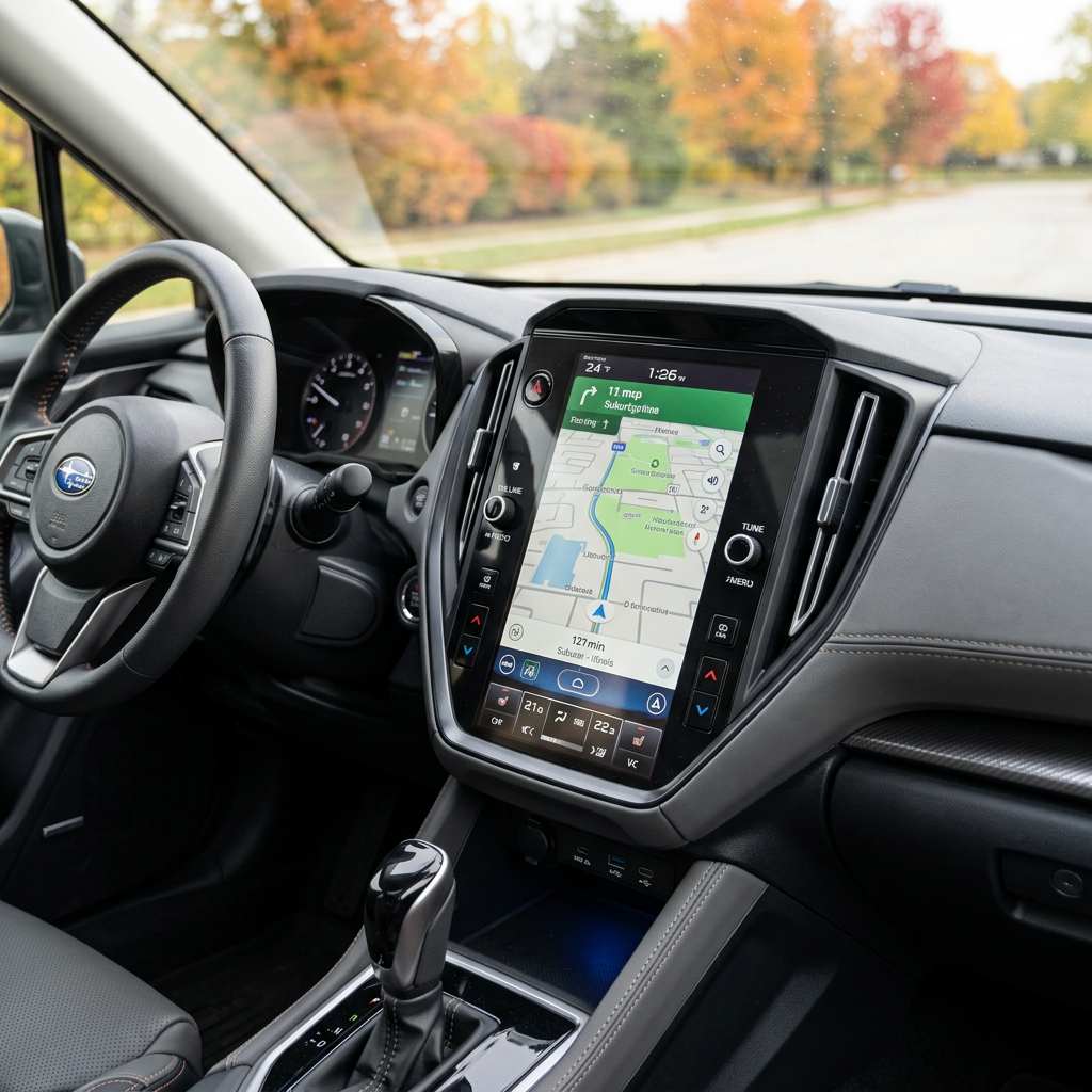Dashboard view of a Subaru car interior showing a vertical infotainment touchscreen with navigation display. (Representative image for illustration purposes only. Actual vehicle may vary based on trim and configuration.)