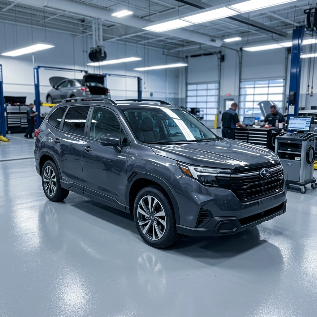 Dark grey Subaru Forester parked inside a clean, modern auto service center with technicians working in the background. (Representative image for illustration purposes only. Actual vehicle may vary based on trim and configuration.)