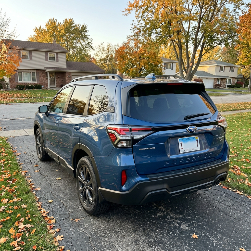 Rear view of a blue Subaru Forester parked in a suburban driveway surrounded by autumn leaves. (Representative image for illustration purposes only. Actual vehicle may vary based on trim and configuration.)