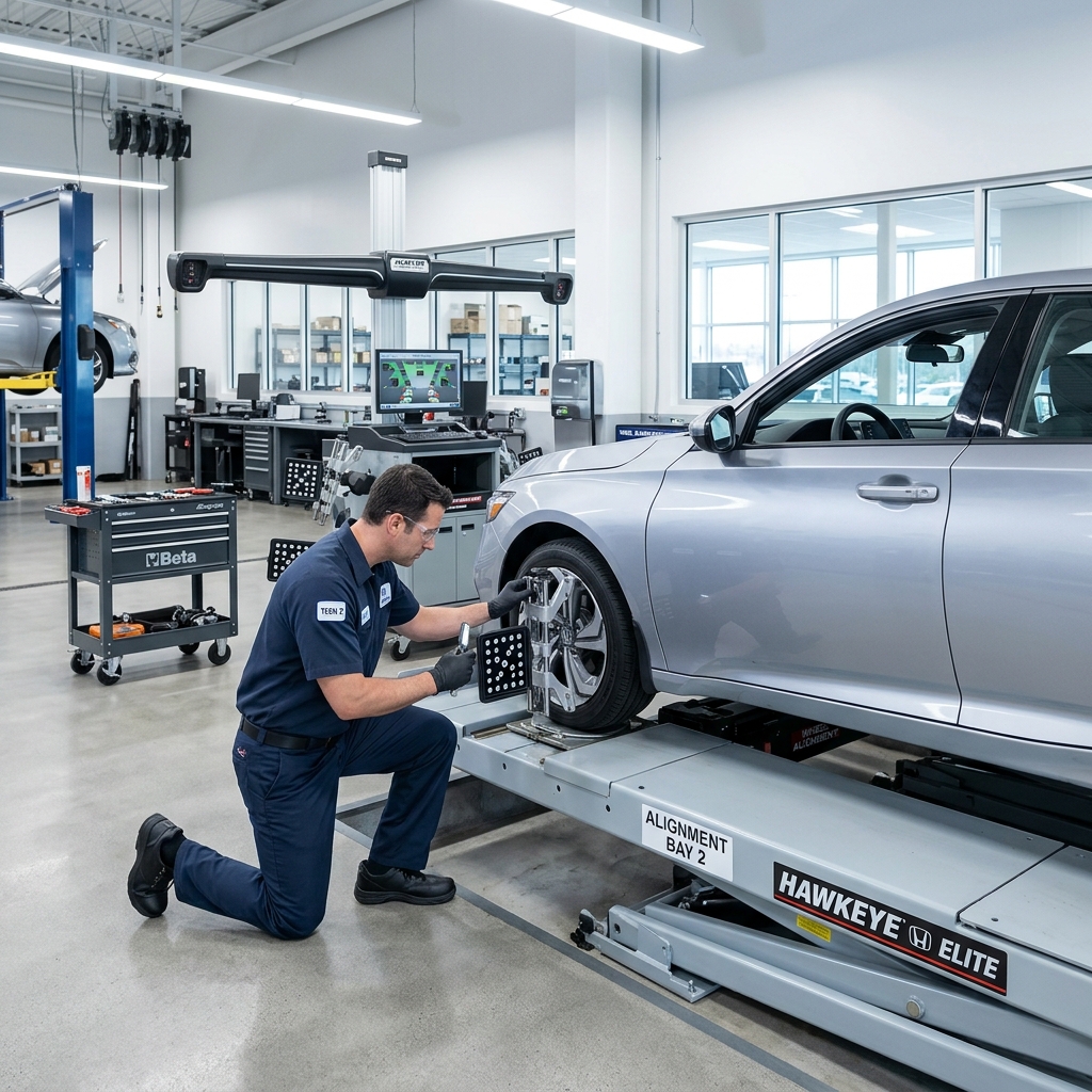 A technician in blue uniforms mounts alignment sensors onto the front wheel of a silver car in a bright service bay. (Representative image for illustration purposes only. Actual vehicle may vary based on trim and configuration.)