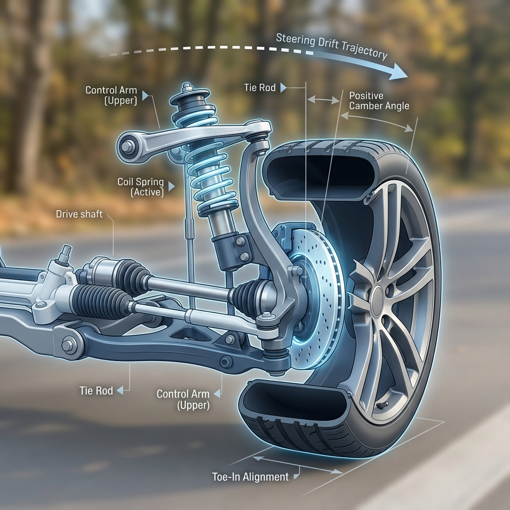 Detailed 3D diagram of a vehicle suspension system highlighting key components like control arms, tie rod, and wheel alignment. (Representative image for illustration purposes only. Actual vehicle may vary based on trim and configuration.)