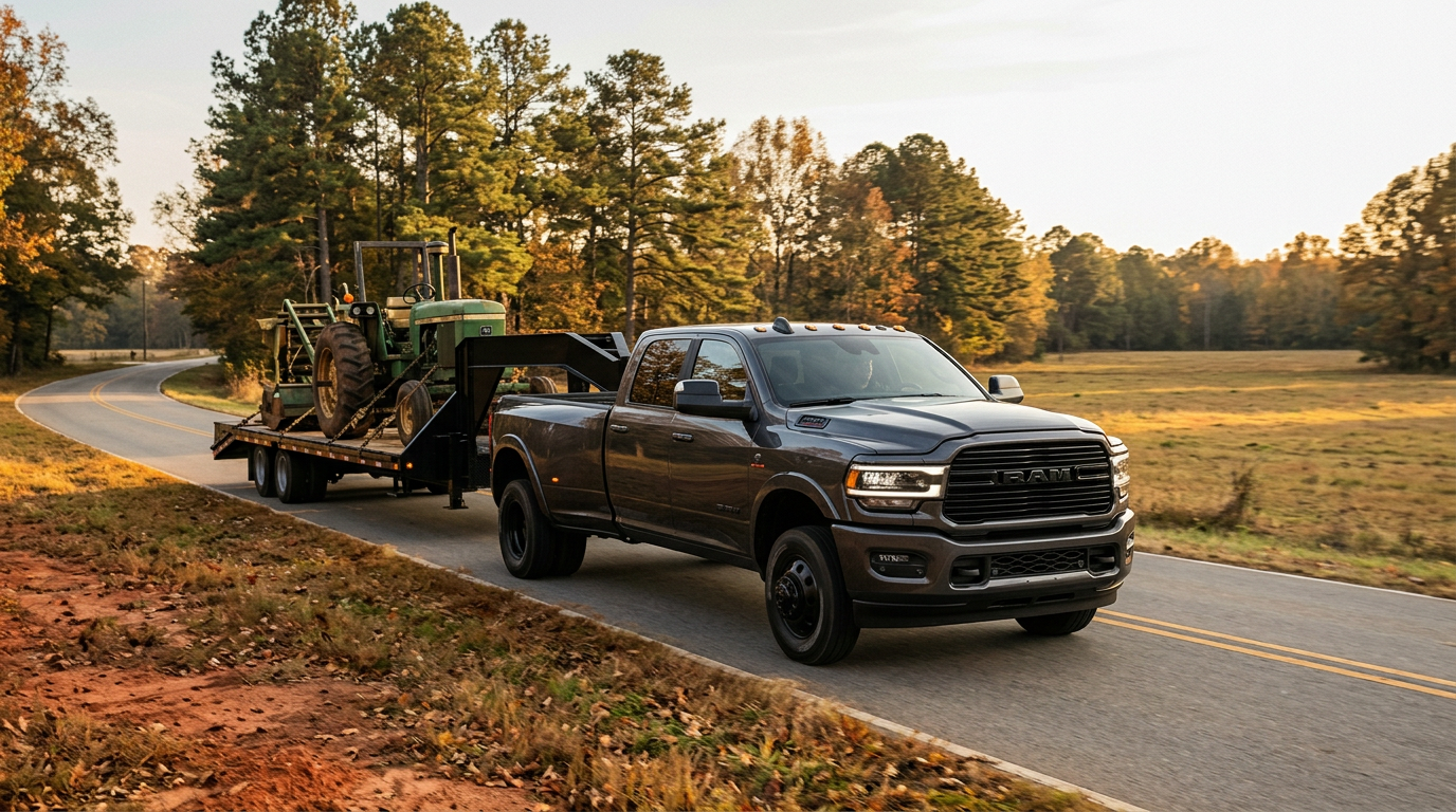 Dark grey Ram heavy-duty dually truck towing a gooseneck trailer with a green tractor along a country road. (Representative image for illustration purposes only. Actual vehicle may vary based on trim and configuration.)