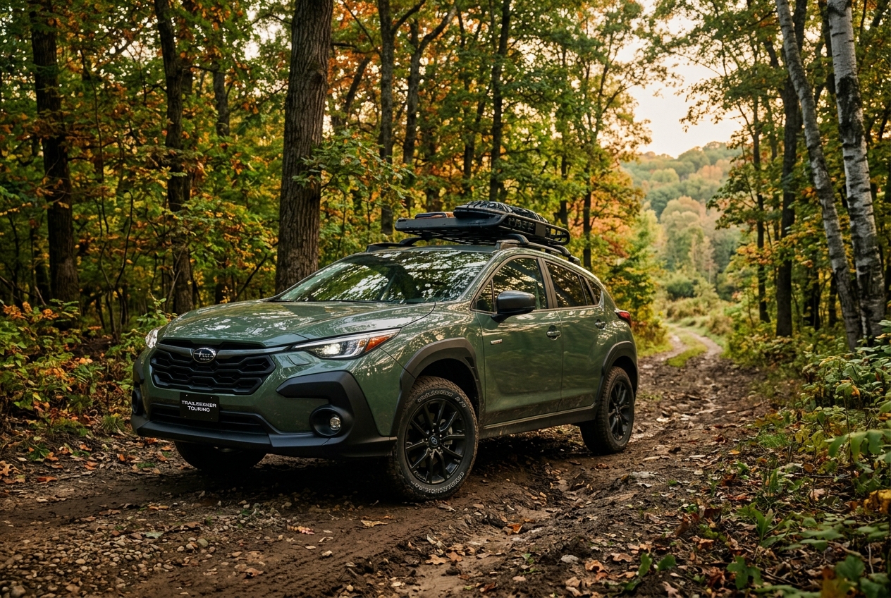 Olive green SUV equipped with a roof rack parked on a muddy dirt path in a colorful autumn forest. (Representative image for illustration purposes only. Actual vehicle may vary based on trim and configuration.)