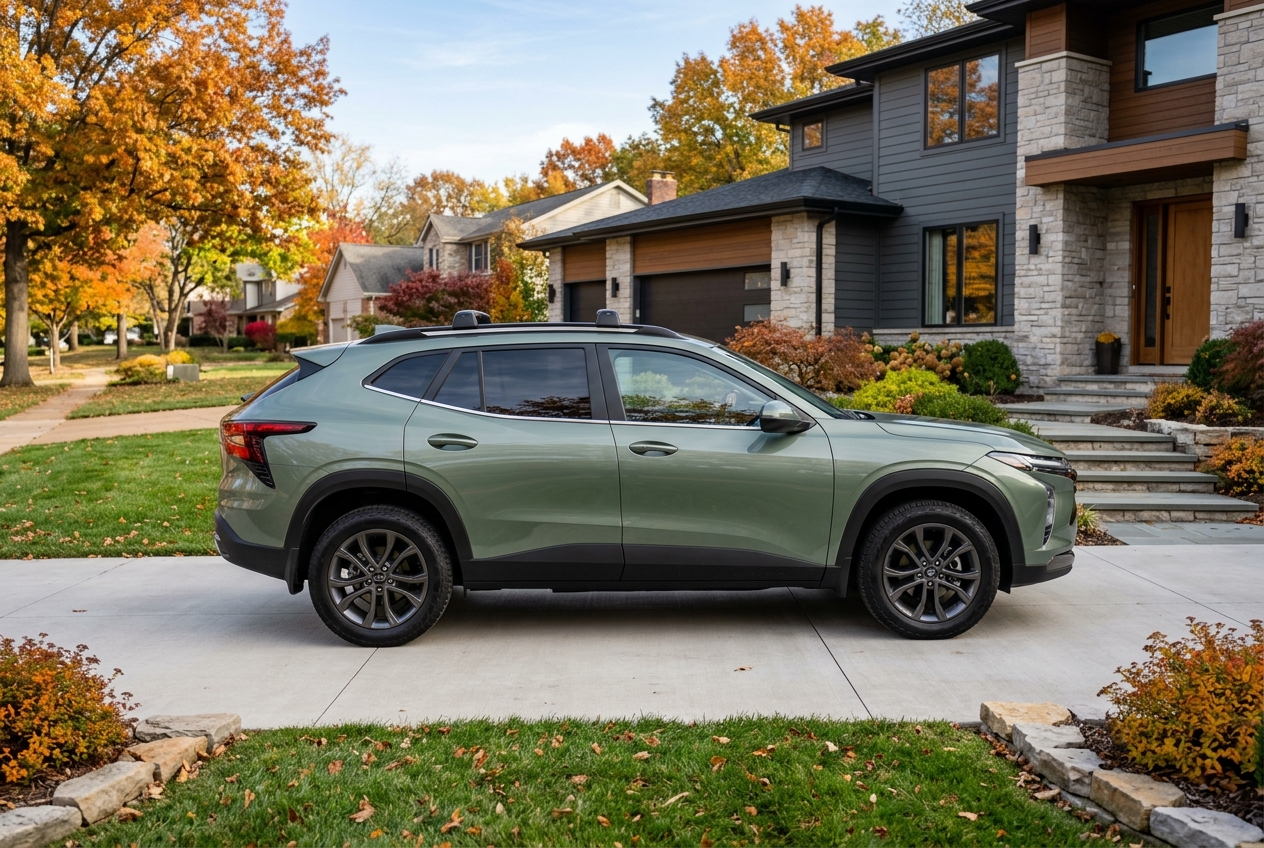 Side view of a sage green crossover SUV parked on a concrete driveway in front of a modern home during fall. (Representative image for illustration purposes only. Actual vehicle may vary based on trim and configuration.)