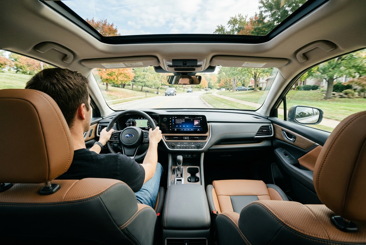 A man driving a Subaru SUV with a panoramic sunroof down a tree-lined suburban street in autumn. (Representative image for illustration purposes only. Actual vehicle may vary based on trim and configuration.)
