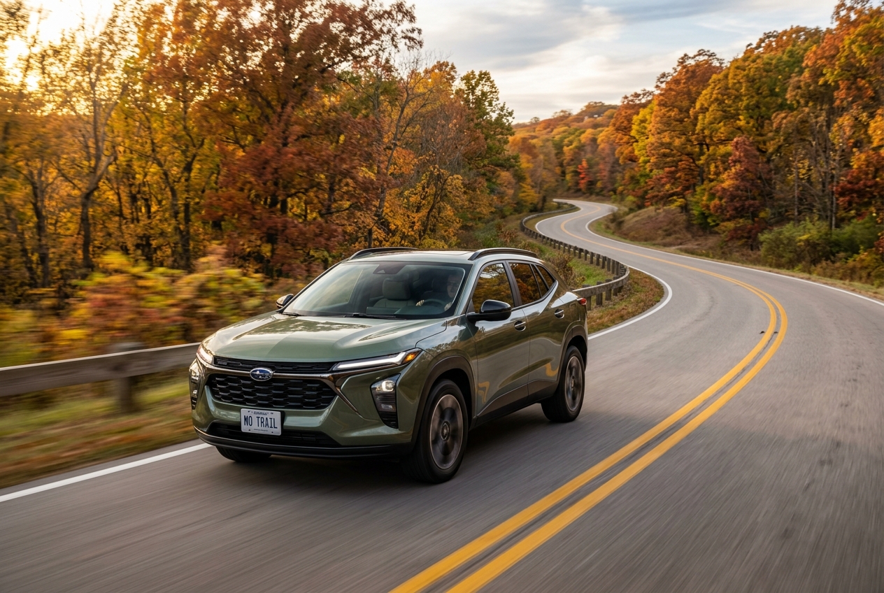 An olive green SUV driving along a winding two-lane road surrounded by vibrant autumn trees. (Representative image for illustration purposes only. Actual vehicle may vary based on trim and configuration.)
